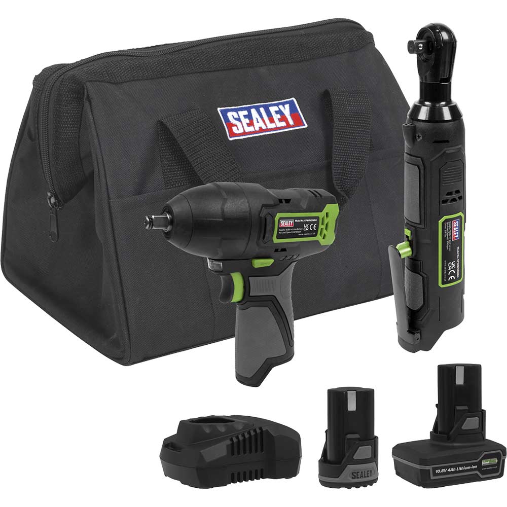 Sealey 10.8V Cordless 3/8" Drive Impact And Ratchet Wrench Kit 1 X 2Ah & 1 X 4Ah Li-Ion Battery Charger Bag Size 3