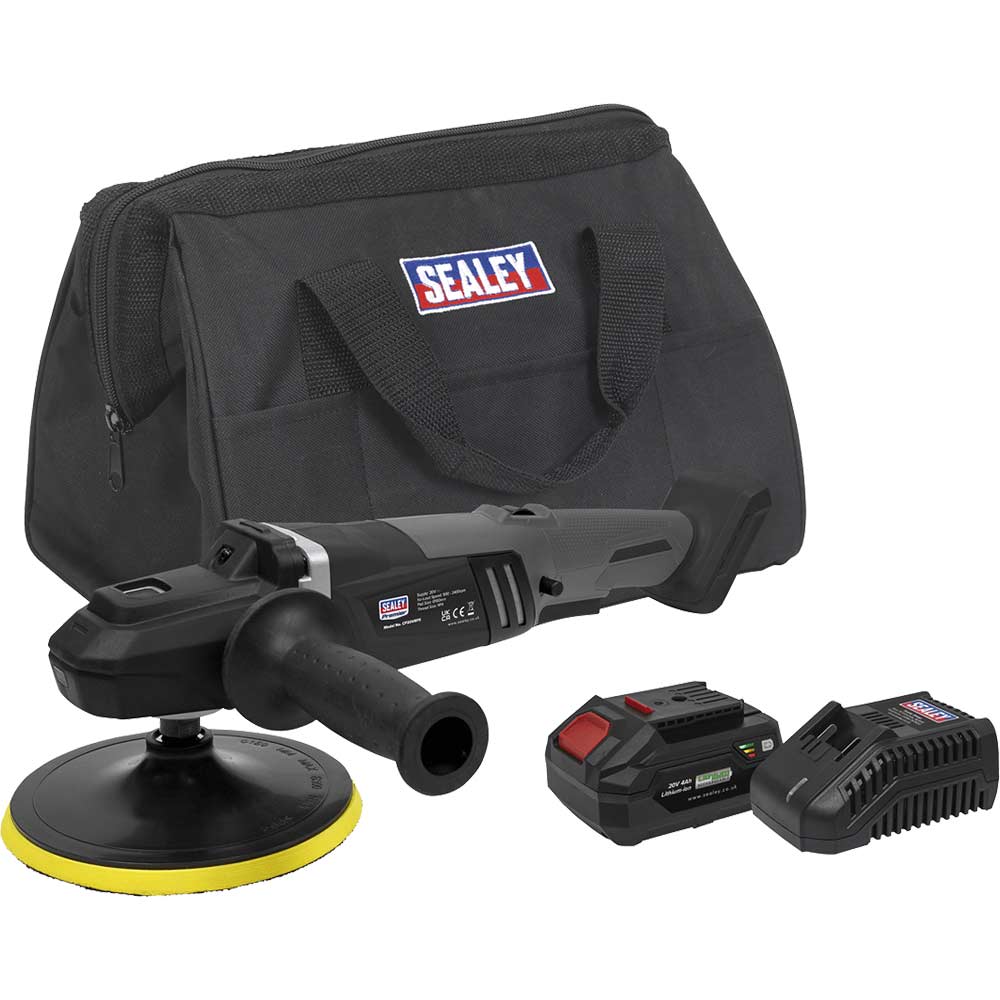 Sealey Cp20vrpx 20V Cordless Brushless Rotary Polisher 180Mm X 4Ah Li-Ion Battery Charger Bag Size 1