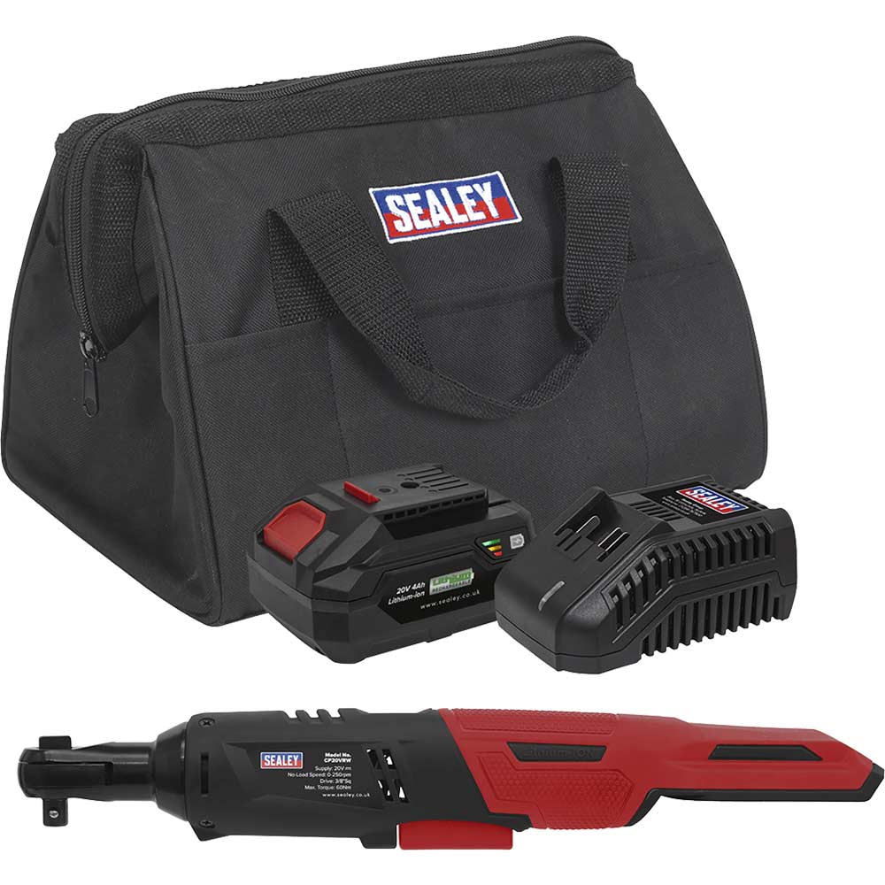 Sealey Light Cp20vrw 20V Cordless 3/8" Drive Ratchet Wrench 1 X 4Ah Li-Ion Battery Charger Bag Size 3