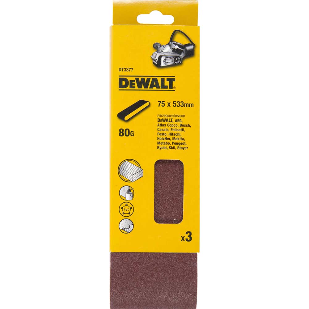 Dewalt Grain 75 X 533Mm Sanding Belts 75Mm X 533Mm Pack Of 3 80G