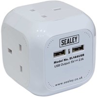 Sealey 4 Way Mains Extension Cube and USB Sockets 240v