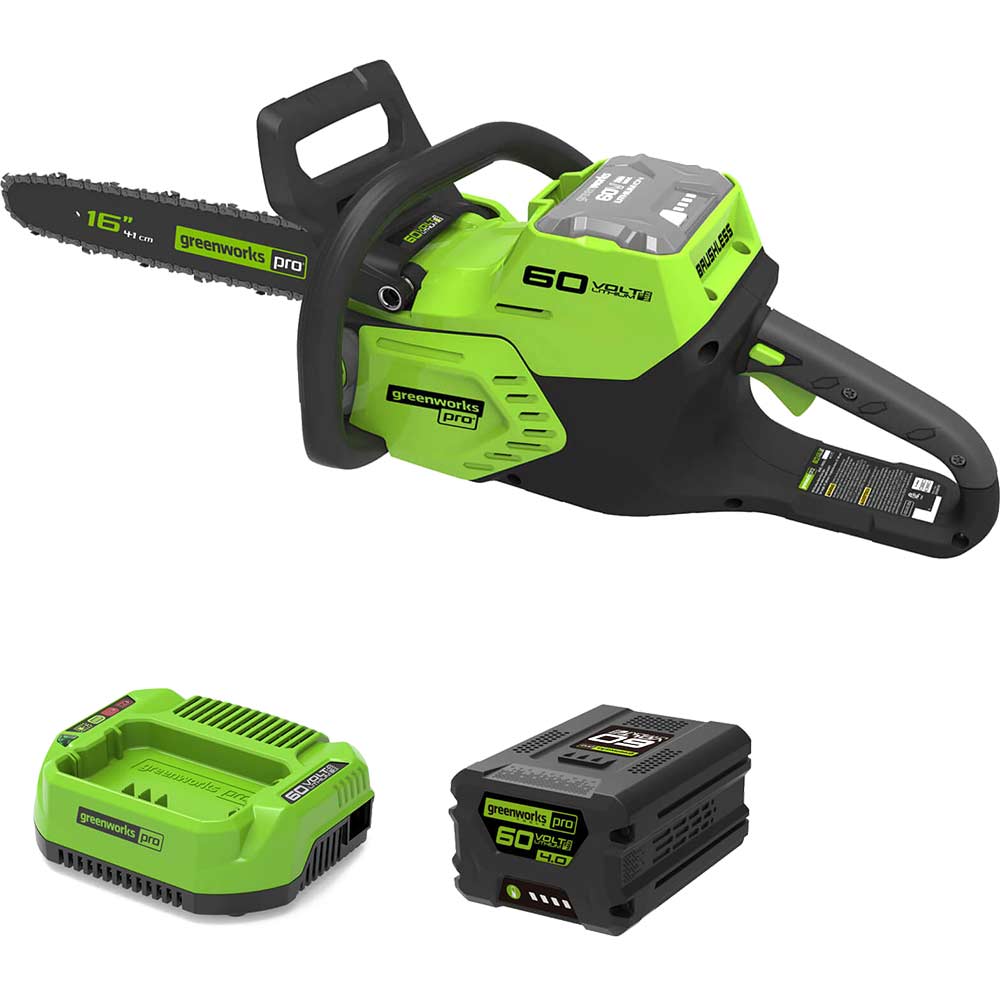 Greenworks Gd60cs 60V Cordless Brushless Chainsaw 400Mm X 4Ah Li-Ion Battery Charger Size 1