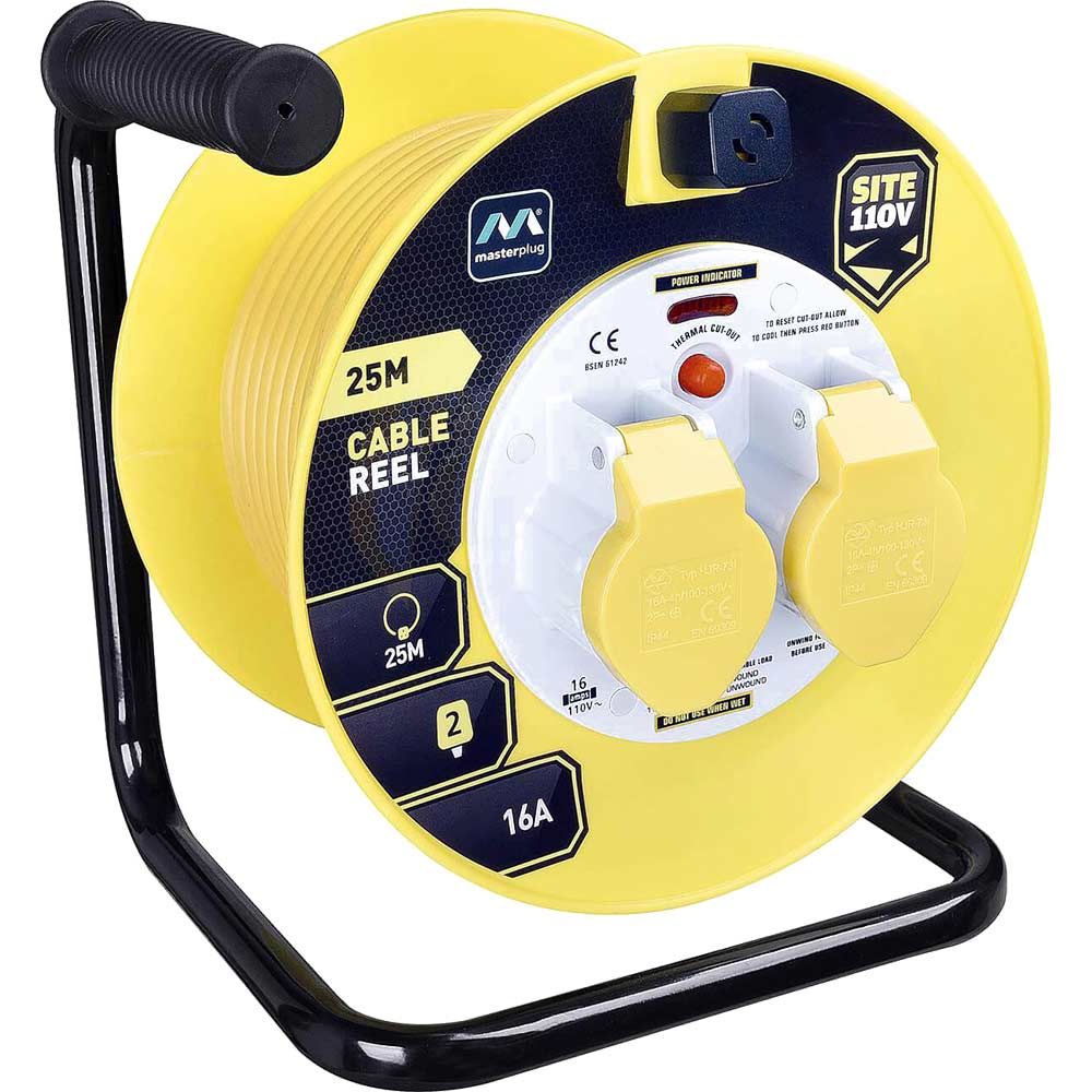 Masterplug 2 Socket Thermal Cut Out Cable Extension Reel 110v 25m