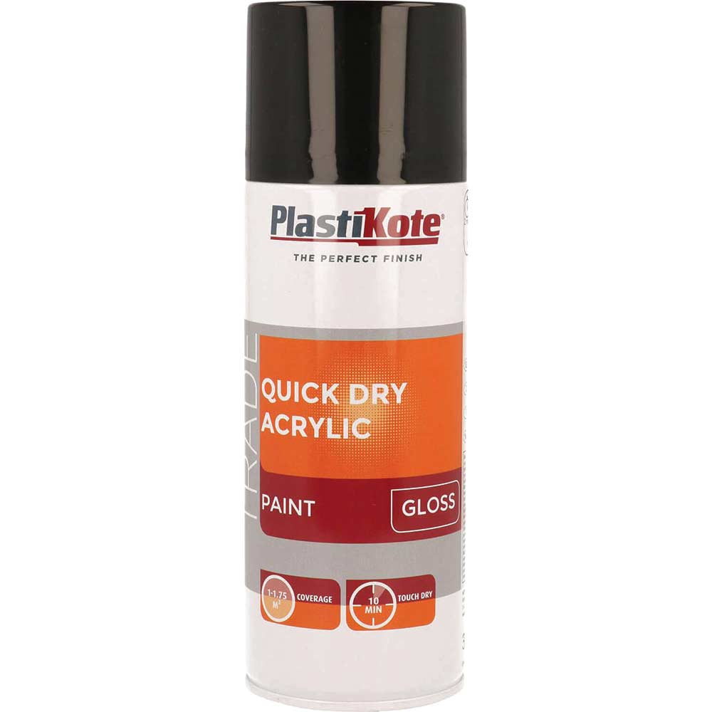 Plastikote Black Trade Quick Dry Acrylic Spray Paint Gloss 400Ml