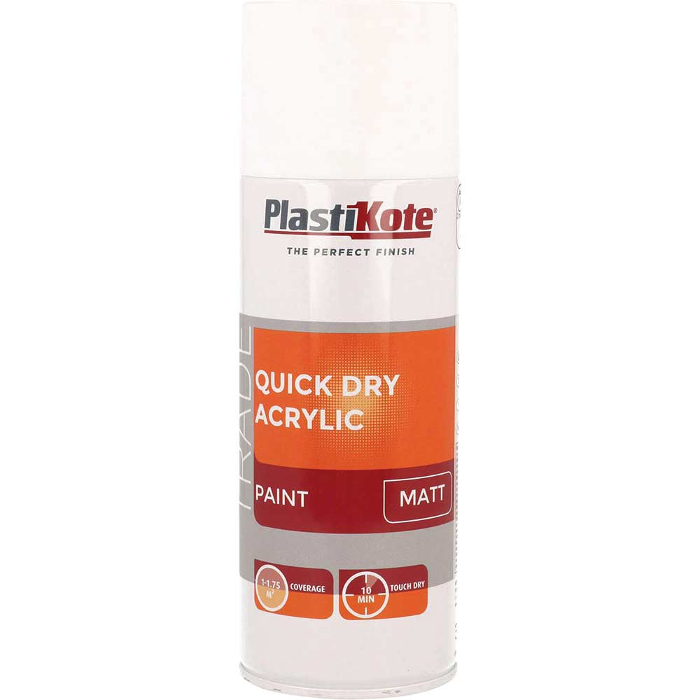 Plastikote White Trade Quick Dry Acrylic Spray Paint Matt 400Ml