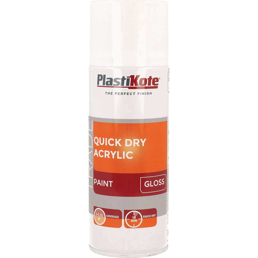 Plastikote White Trade Quick Dry Acrylic Spray Paint Gloss 400Ml