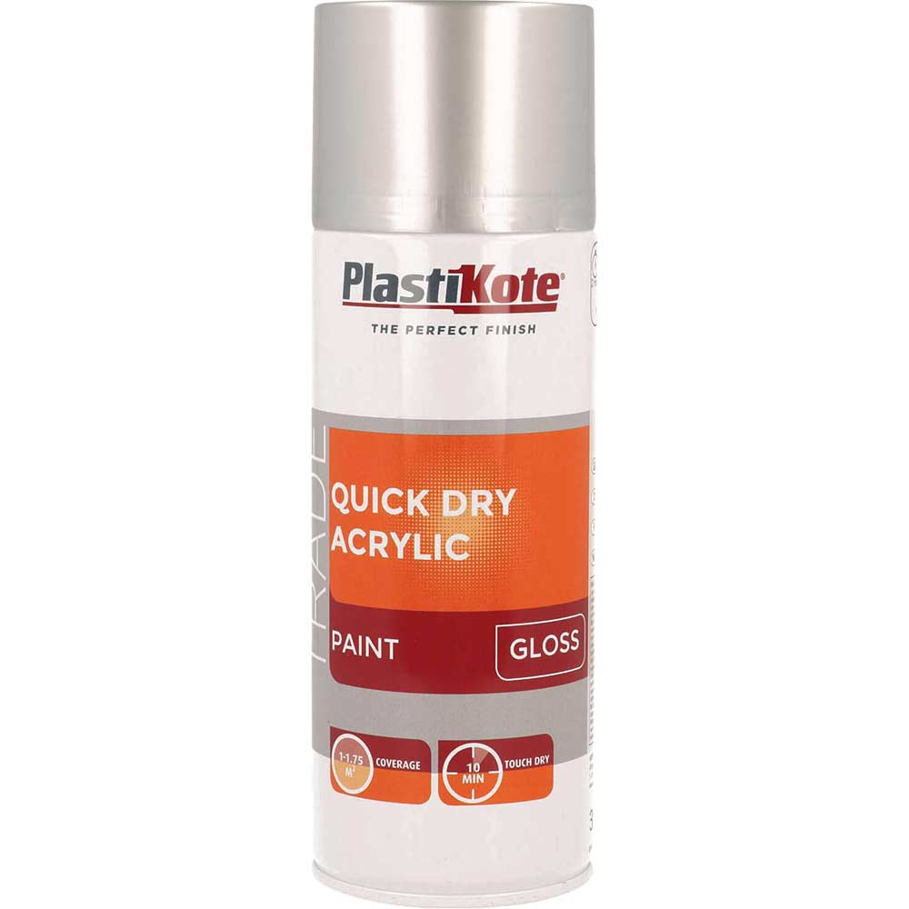 Plastikote Silver Trade Quick Dry Acrylic Spray Paint Gloss 400Ml