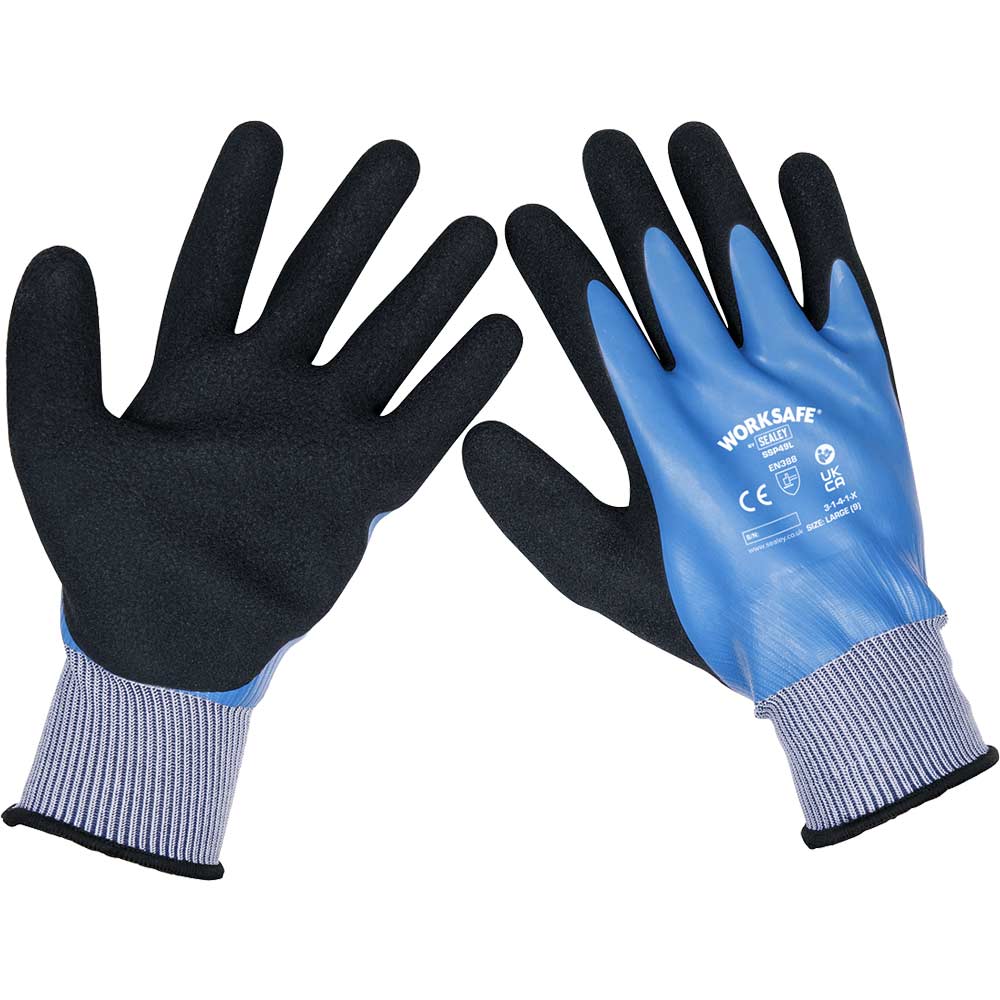 Sealey Black/Blue Worksafe Waterproof Latex Gloves / Pack Of Size 6
