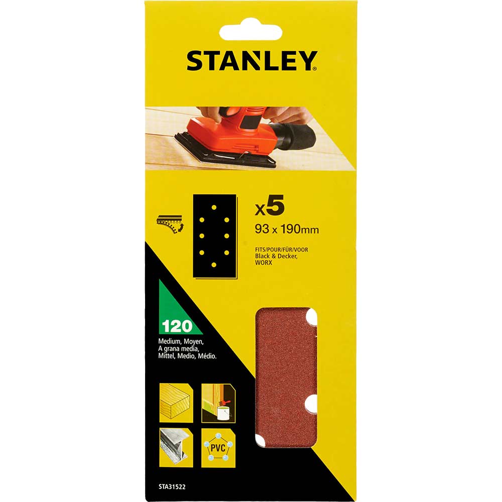Stanley Punched Hook And Loop 1/3 Sanding Sheets 93Mm X 190Mm Pack Of 5 120G
