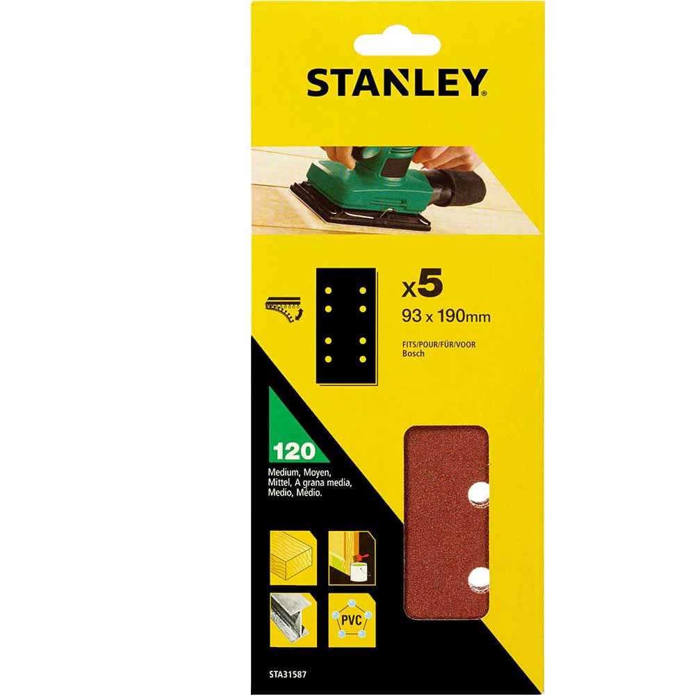Stanley Punched Hook And Loop 1/3 Sanding Sheets 93Mm X 190Mm Pack Of 5 120G