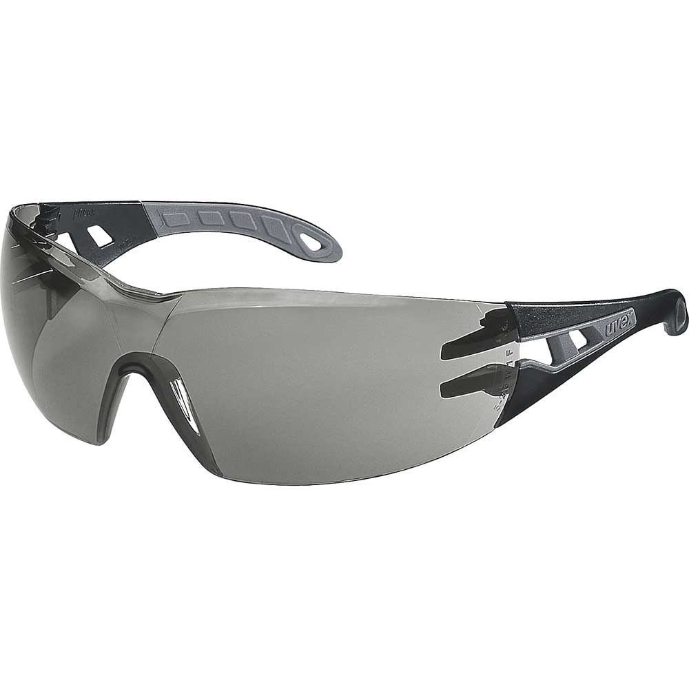 Uvex Pheos Sunglare Filter Safety Glasses - Black/Grey Lens Shade: Grey Sunglare Features & Benefits Excellent eye coverage for greater protection 100% UVA, UVB and UVC up to 400nm Metal free Clear lens suitable for most light environments Side arm geometry increases compatibility with other items of PPE Non-slip comfortable fit