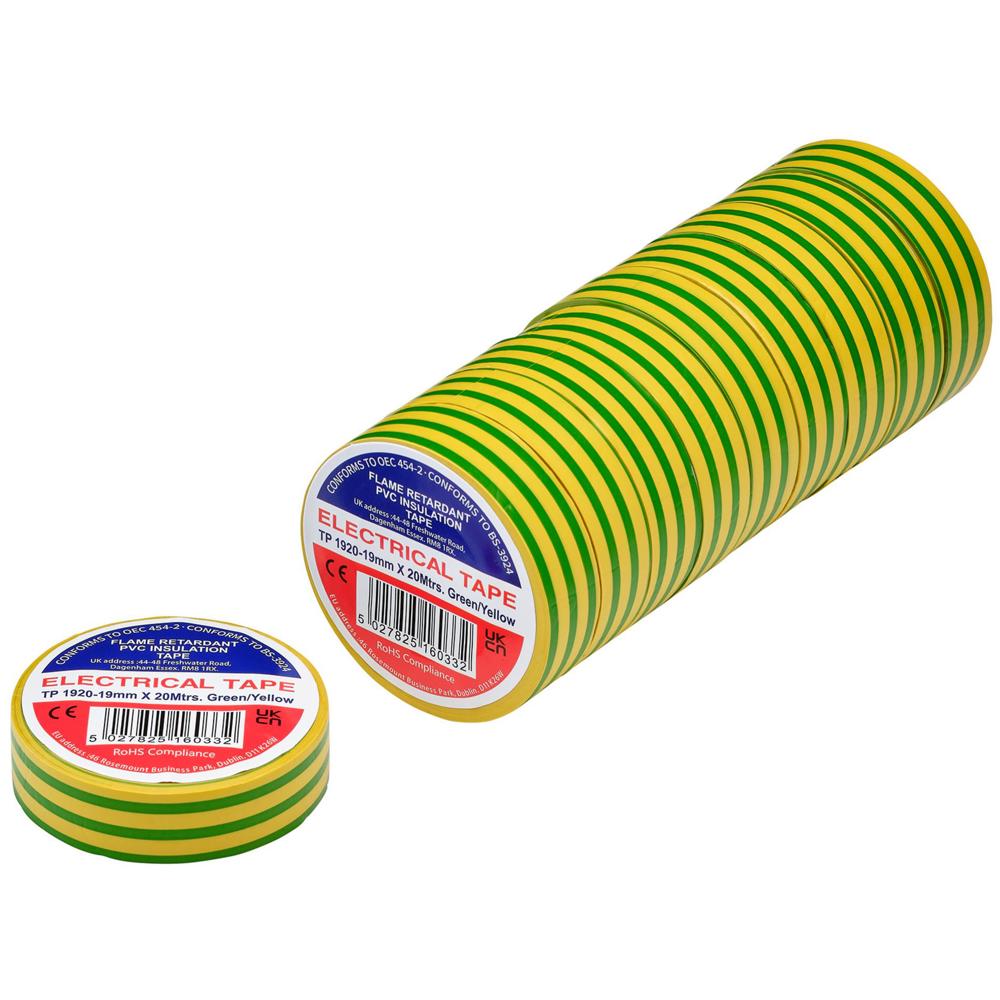 Draper PVC Electrical Insulation Tape Pack of 10 Yellow / Green 19mm 20m