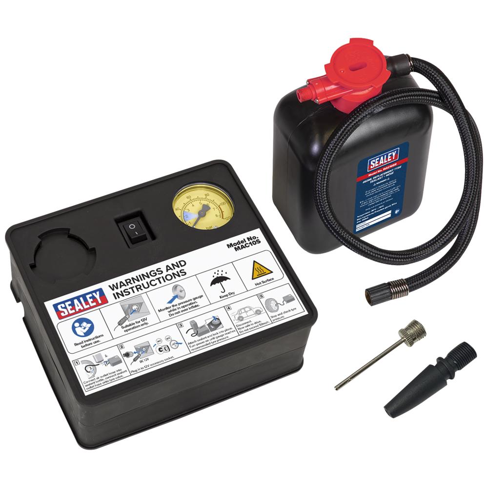 Sealey 12v Tyre Inflator and Emergency Puncture Repair Sealant Kit