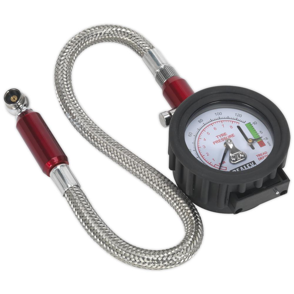 Sealey Tyre Pressure and Tread Depth Gauge with Flexible Hose